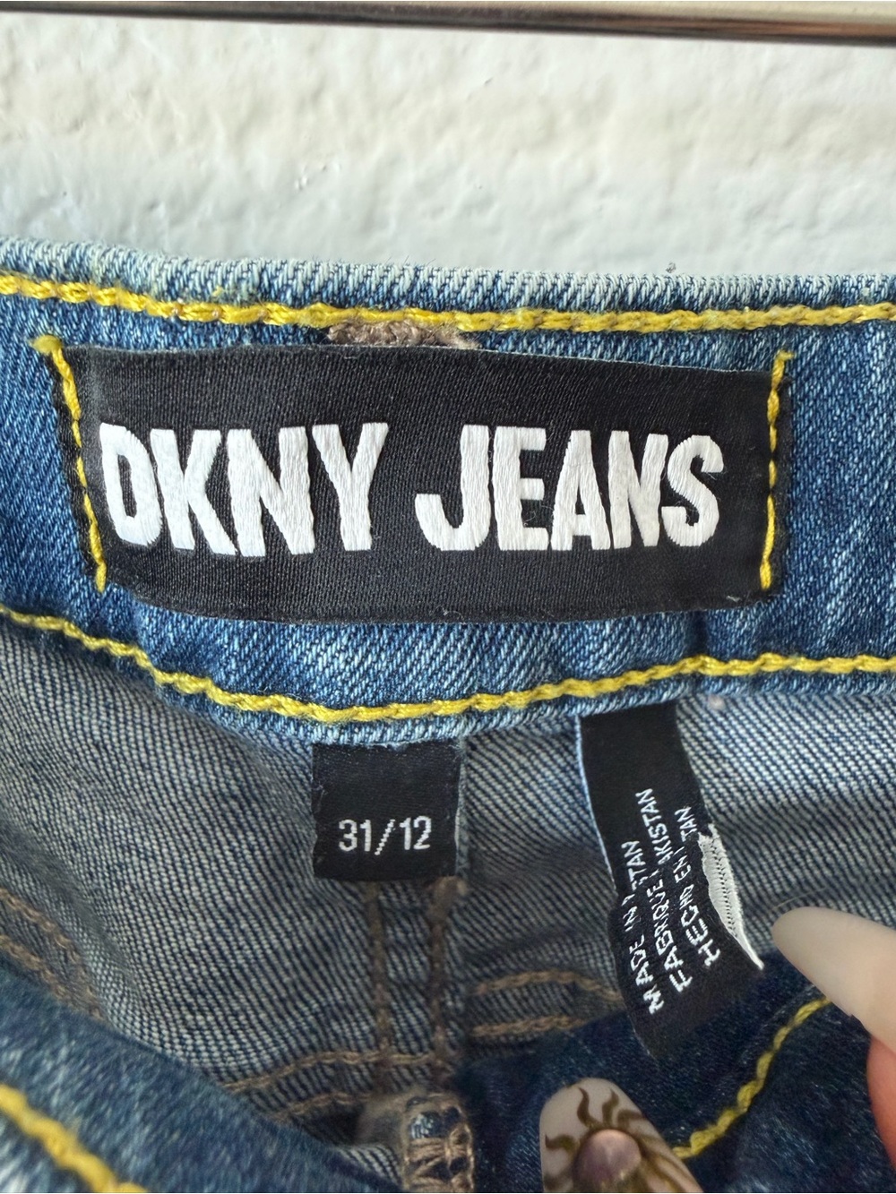DKNY Jeans Blue Denim Skirt with Yellow Topstitching 12/31 - Picture 2 of 6